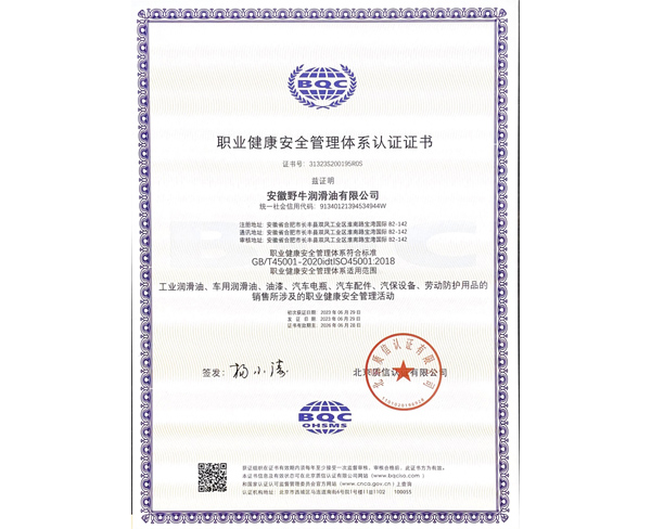職業(yè)健康安全管理體系認(rèn)證證書